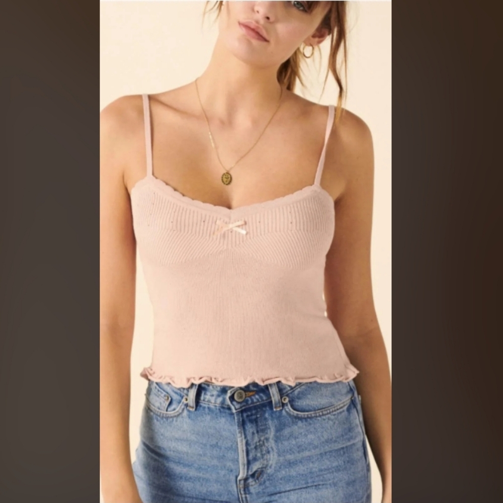 NWT Rouje Paris Chiara Lace Bow Ribbed Rib Knit Curly Edge baby doll crop Top